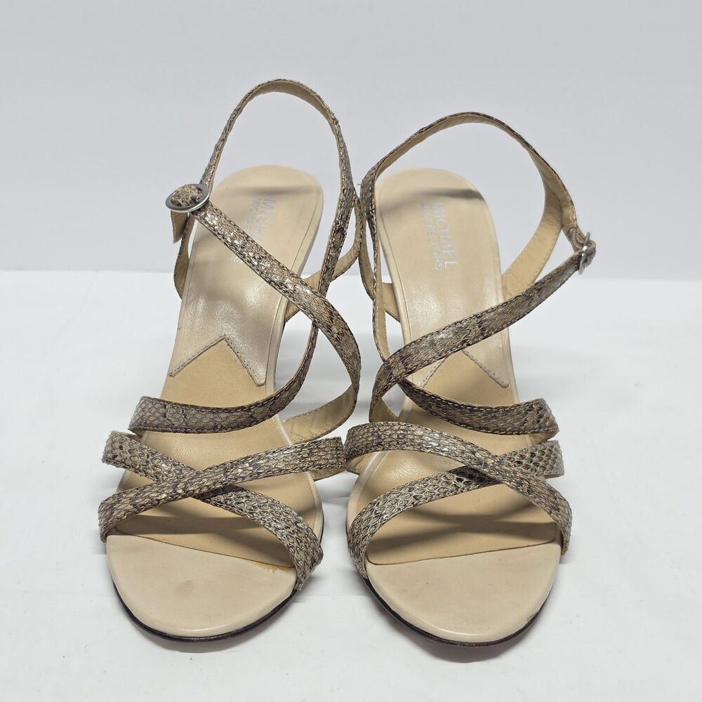 Michael Kors Genuine Snakeskin Leather Sandal Heel Strappy Brown Beige Size 10